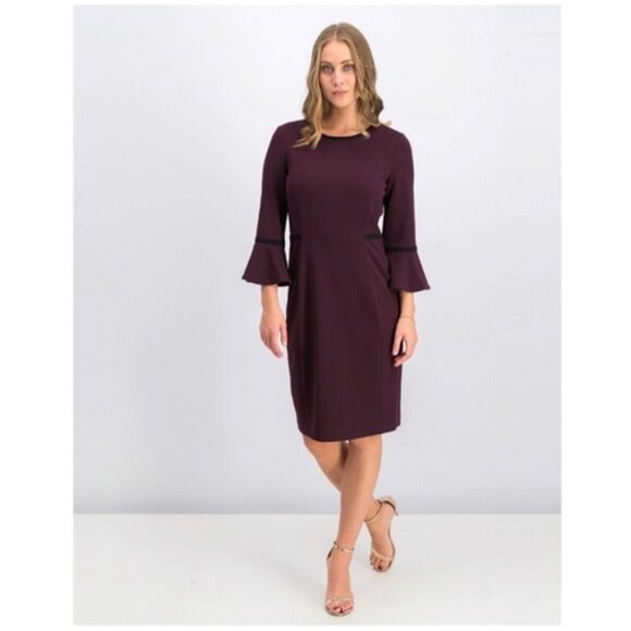 Calvin Klein Dark Purple Bell Sleeve Stretch Crepe Sheath Dress Size 12 Classic - Picture 8 of 8